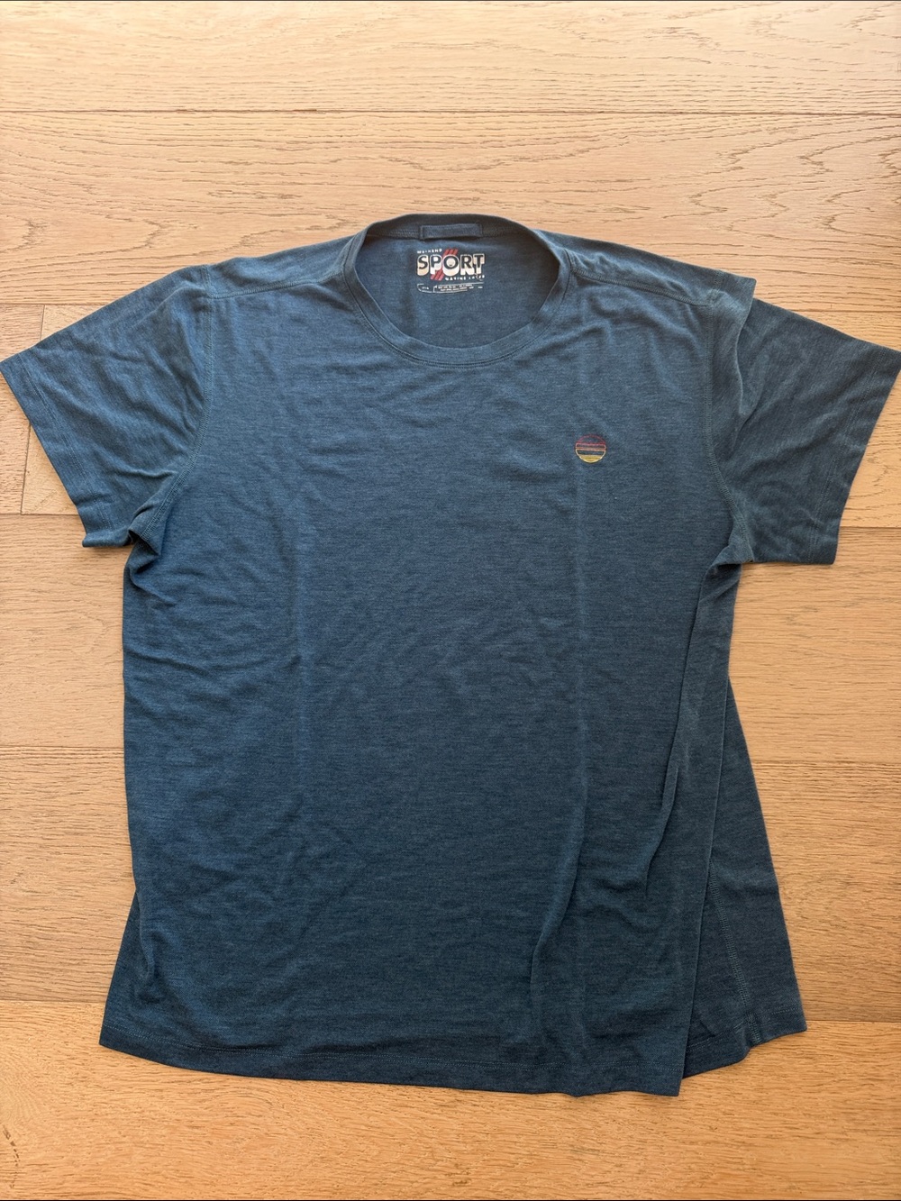 Marine Layer Men's Short Sleeve Crew Tee in Teal Blue with Multicolor Patch